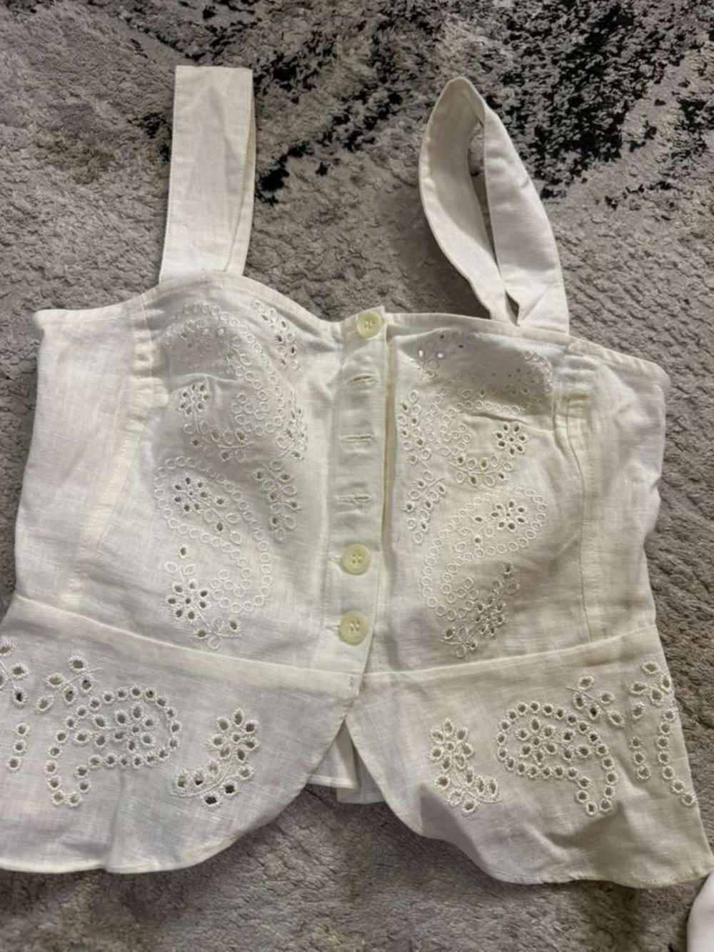 Macy's White Eyelet Button-Front Linen Crop Top